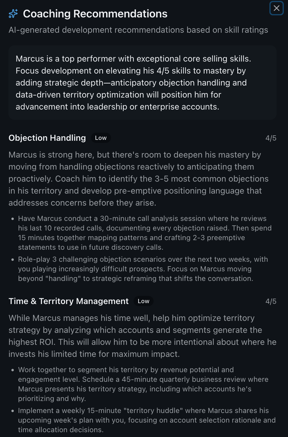 AI-generated coaching recommendations with objection handling and territory management insights